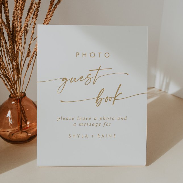 Boho Chic Gold and White Photo Guest Book Wedding Pedestal Sign (Creator Uploaded)