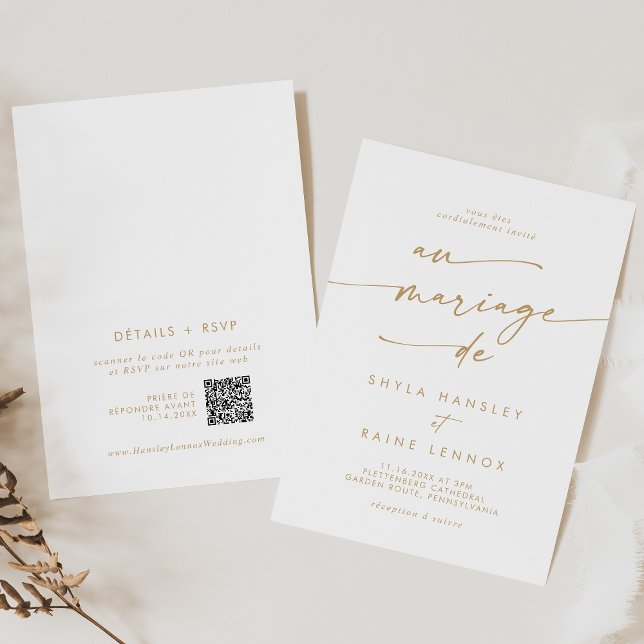 Boho Chic Gold and White QR Code French Wedding Invitation (Boho Chic Gold and White QR Code French Wedding Invitation)