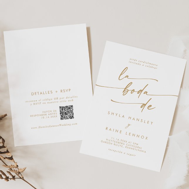 Boho Chic Gold and White QR Code Spanish Wedding Invitation (Boho Chic Gold and White QR Code Spanish Wedding Invitation)