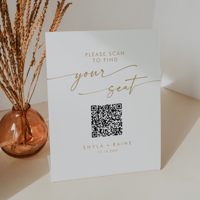 Boho Chic Gold and White Seating Chart QR Code Pedestal Sign (Creator Uploaded)