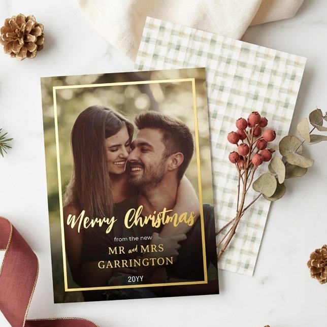 Boho Chic Gold Plaid First Married Christmas Photo (Creator Uploaded)