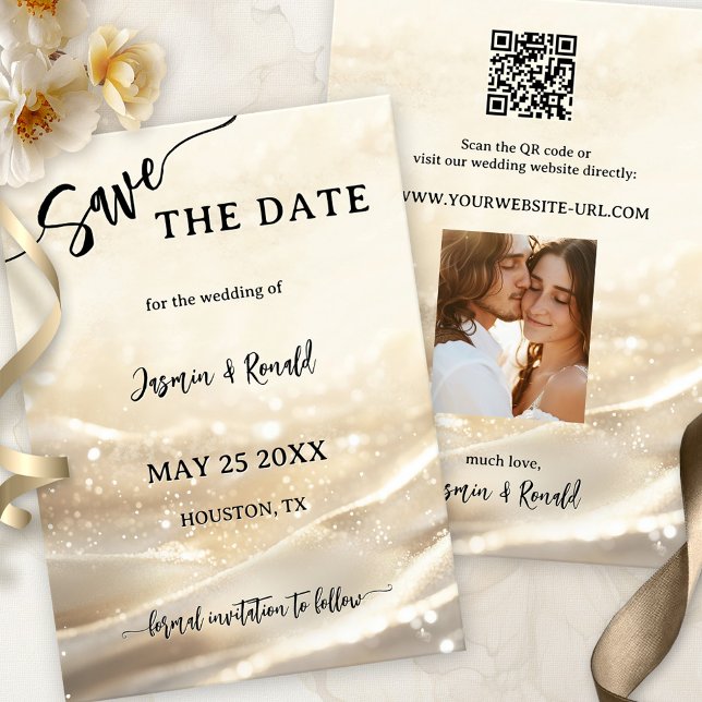 Boho Chic Gold Sparkling Photo Save the Date Card (Boho chic wedding Save the Date card featuring an elegant gold glitter design with sparkling lights)