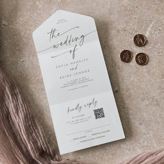 Boho Chic Green and White QR Code Mail In Wedding All In One Invitation (Creator Uploaded)