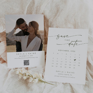 Boho Chic Green and White QR Code Photo Calendar Save The Date