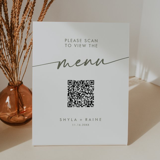 Boho Chic Green and White QR Code Wedding Menu Pedestal Sign (Creator Uploaded)