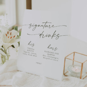 Boho Chic Green and White Wedding Signature Drinks Pedestal Sign