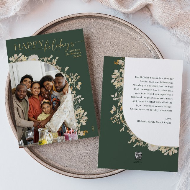 Boho Chic Green Gold Photo Holiday Card w. Message (Creator Uploaded)