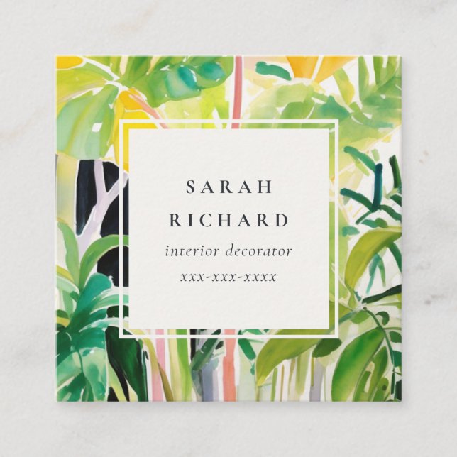 Boho Chic Green Tropical Leafy Foliage Botanical Square Business Card (Front)
