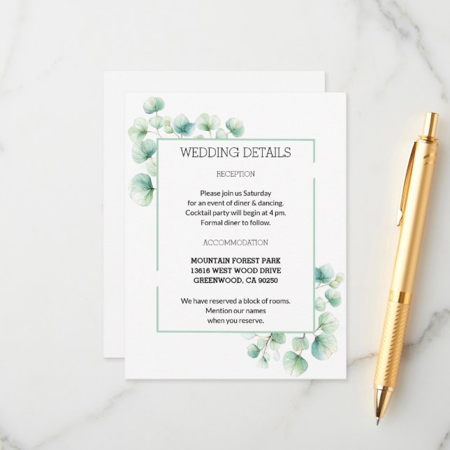 Boho Chic Green Watercolor Leaves Wedding Enclosure Card (Front/Back In Situ)