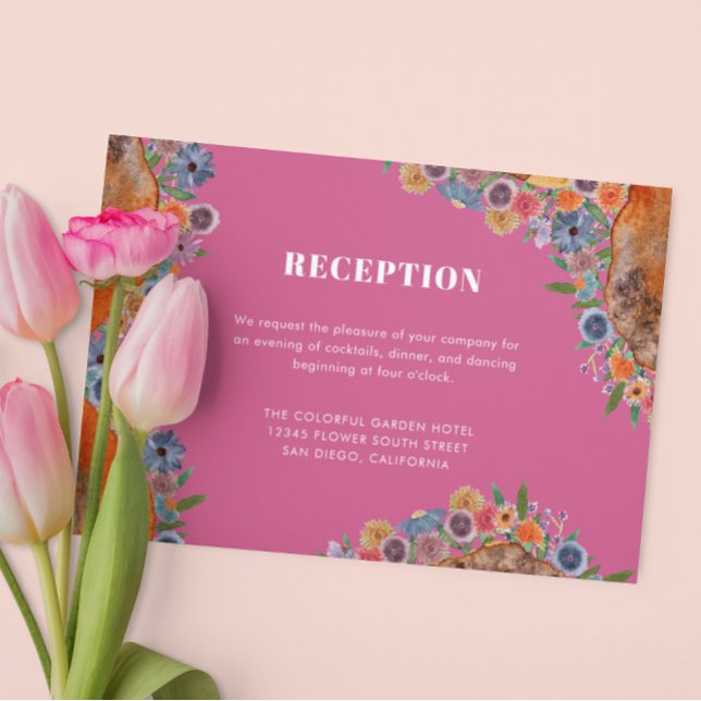 Boho Chic Hot Pink Wildflower Wedding Reception Enclosure Card (Front)