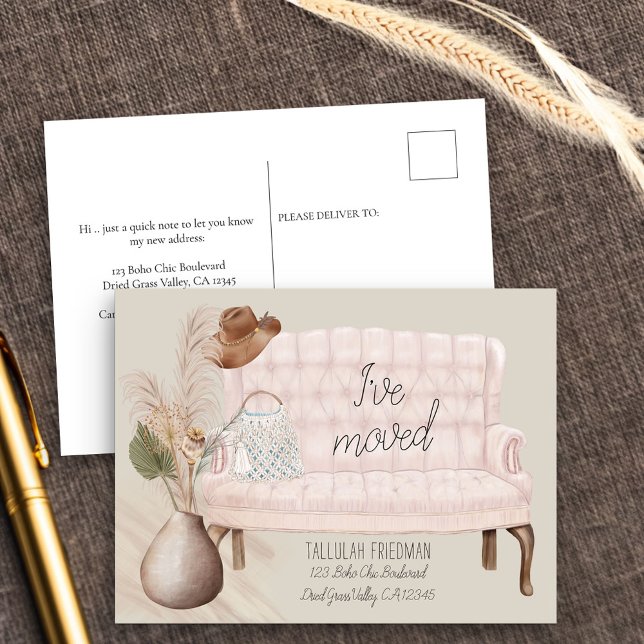 Boho Chic I've Moved Dried Grass Pink Couch Moving Announcement Postcard (New Address postcard with boho chic living room)