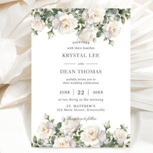 Boho Chic Ivory White Roses Floral Wedding Invitation