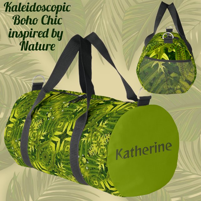 Boho Chic Kaleidoscope Green Ferns Duffle Bag (Creator Uploaded)