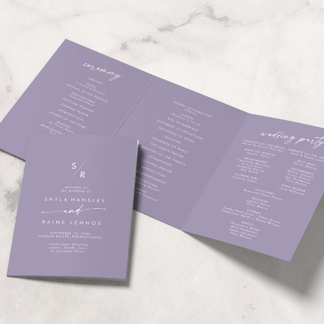 Boho Chic Lavender Purple Monogram Wedding Tri-Fold Programme (Creator Uploaded)