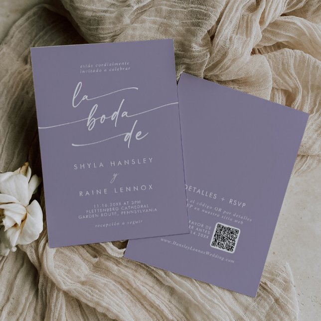 Boho Chic Lavender Purple QR Code Spanish Wedding Invitation (Creator Uploaded)
