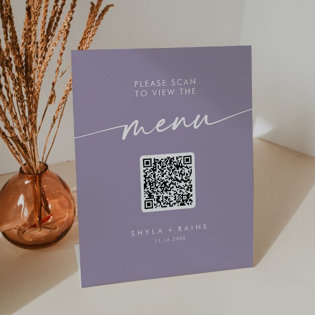 Boho Chic Lavender Purple QR Code Wedding Menu Pedestal Sign (Creator Uploaded)