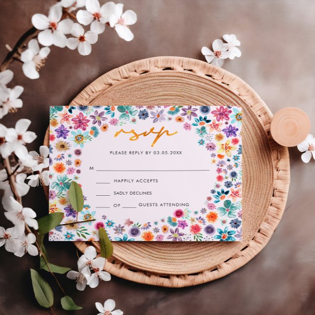 Boho Chic Light Pink Gold Wildflower Wedding RSVP Card (Front)