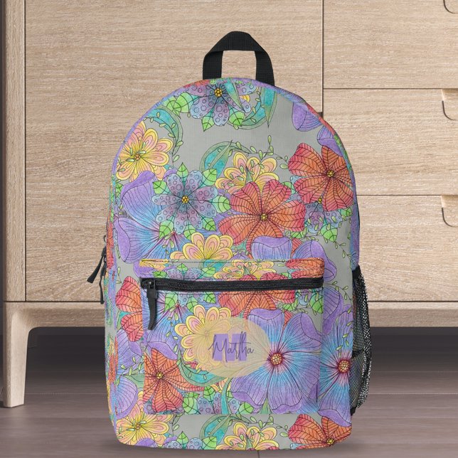 Boho Chic Lively Purple Orange Yellow Blooms Printed Backpack (Creator Uploaded)
