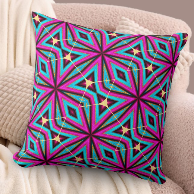 Boho Chic Magenta and Turquoise Patterned Cool Cushion (A chic pillow in vibrant magenta, turquoise and faux gold colors, with geometric abstract design)