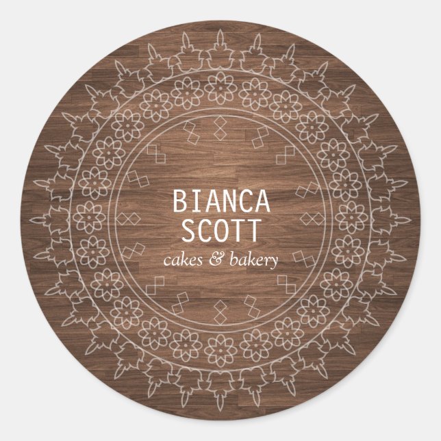 Boho Chic Mandala on Dark Wood Classic Round Sticker (Front)