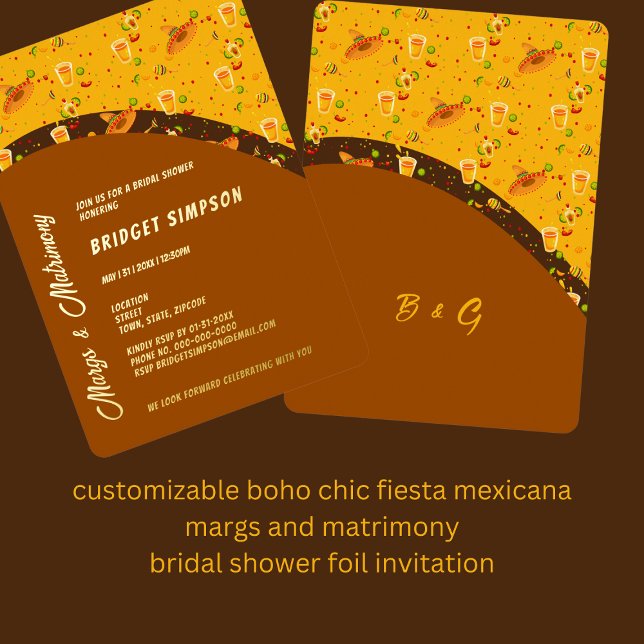 boho chic margs and matrimony bridal shower  (boho chic fiesta mexicana margs and matrimony tequila cocktail  bridal shower foil invitation)