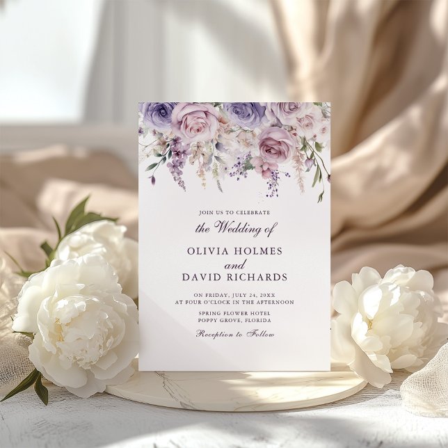 Boho Chic Mauve Lilac Floral Wedding Invitation (Boho Chic Mauve Lilac Floral Wedding Invitation on a boho table with white peonies)