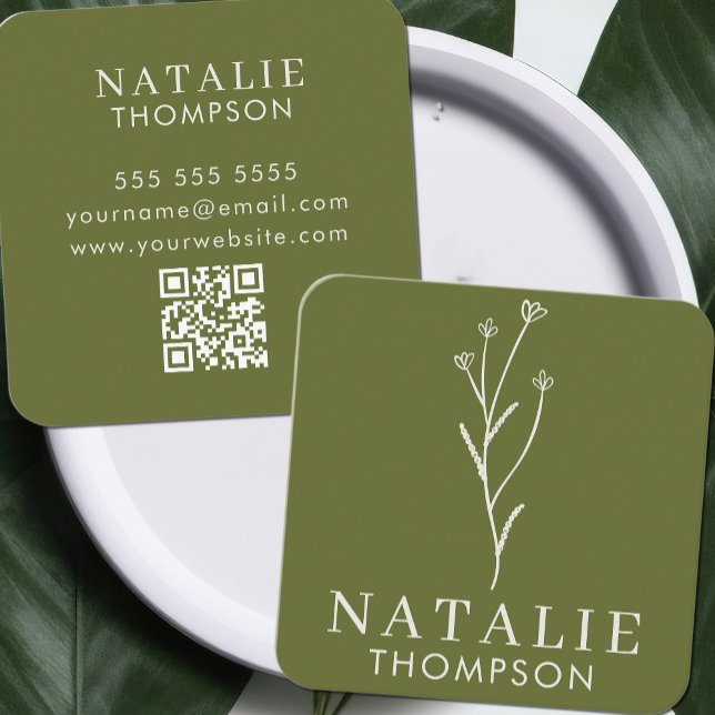 Boho Chic Minimalist Olive Green Flower QR Code Square Business Card (Creator Uploaded)