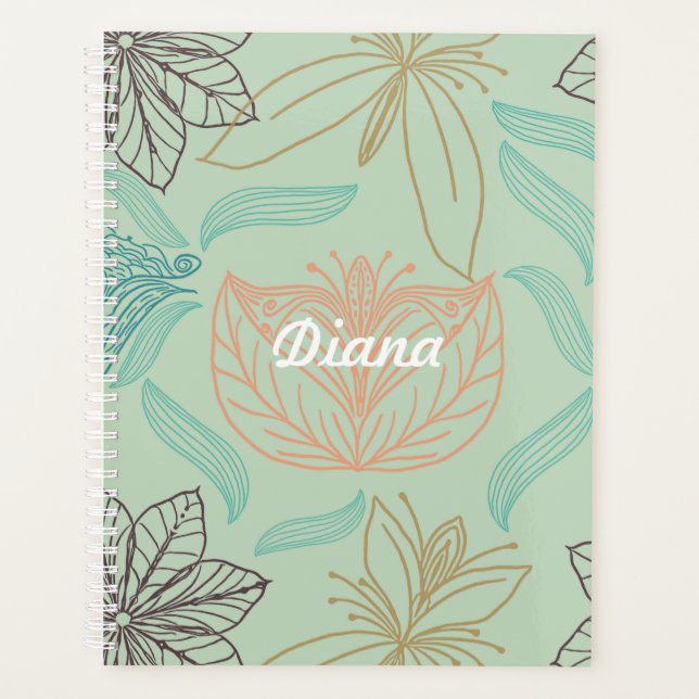 Boho-Chic Mint Floral Blossom Pattern Planner (Front)