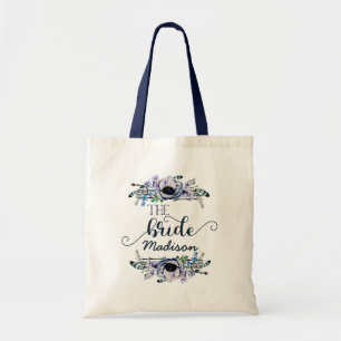Boho Chic Mint Navy Floral Monogram Wedding Bride Tote Bag
