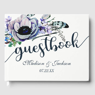 Boho Chic Mint & Navy Floral Wedding Monogram Guest Book