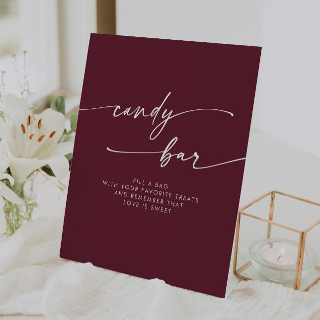 Boho Chic Modern Burgundy Red Candy Bar Wedding Pedestal Sign (Boho Chic Modern Burgundy Red Candy Bar Wedding Pedestal Sign)