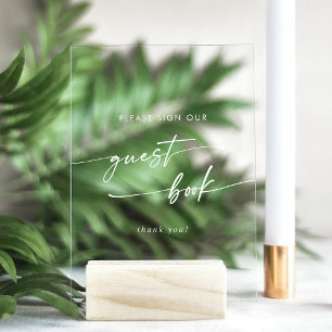 Boho Chic Modern White Clear Wedding Guest Book Acrylic Sign