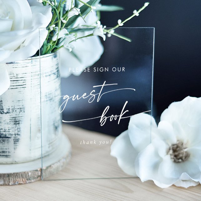 Boho Chic Modern White Clear Wedding Guest Book Acrylic Sign (Creator Uploaded)