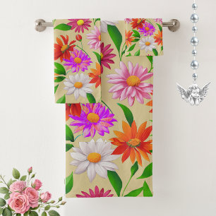 Boho Chic Multicolor Flowers with Leaves on Beige Bath Towel Set