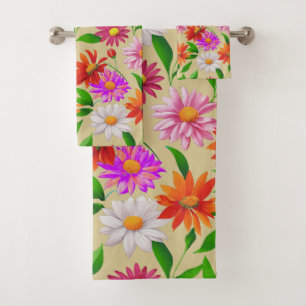 Boho Chic Multicolor Flowers with Leaves on Beige Bath Towel Set