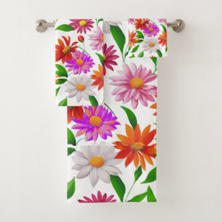 Boho Chic Multicolor Flowers with Leaves on White Bath Towel Set