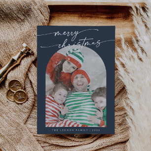 Boho Chic Navy Blue Fun Family Photo Christmas Holiday Card