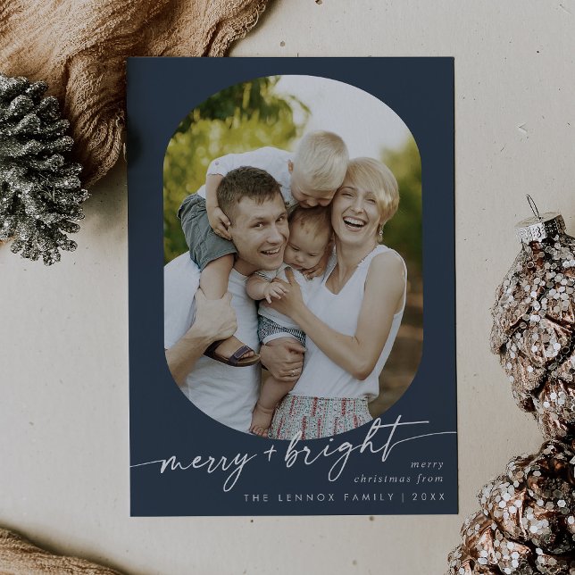 Boho Chic Navy Blue Merry Bright Photo Christmas Holiday Card (Creator Uploaded)