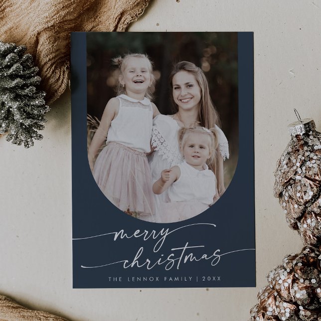 Boho Chic Navy Blue Photo Boho Family Christmas Holiday Card (Creator Uploaded)