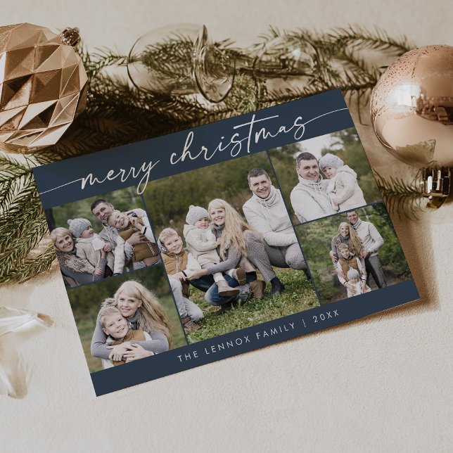 Boho Chic Navy Blue Photo Boho Merry Christmas Holiday Card (Creator Uploaded)