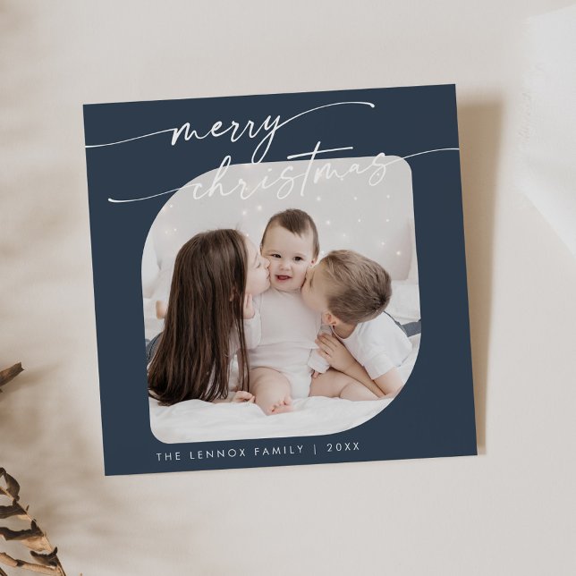 Boho Chic Navy Blue Photo Cute Family Christmas Holiday Card (Creator Uploaded)
