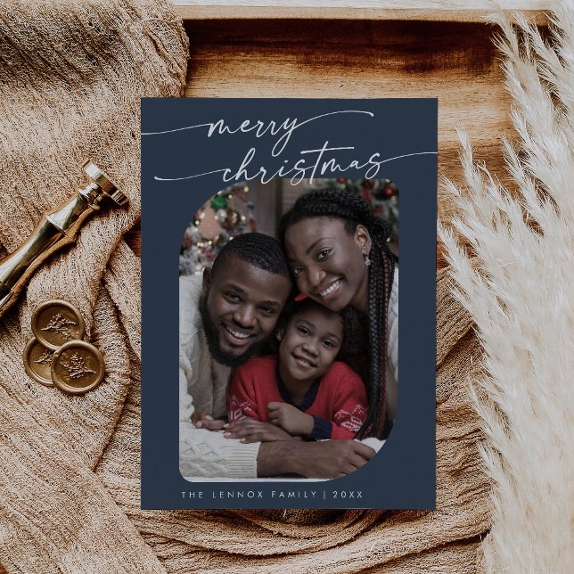 Boho Chic Navy Blue Photo Cute Merry Christmas Holiday Card (Creator Uploaded)