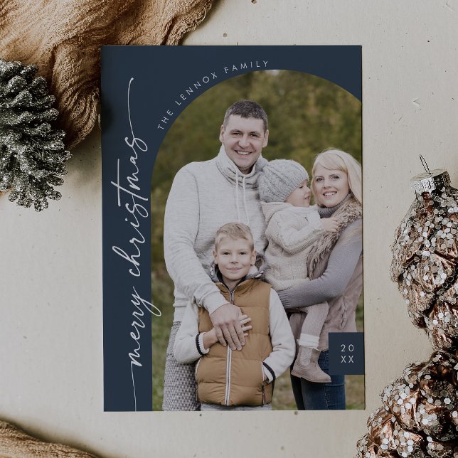 Boho Chic Navy Blue Photo Modern Merry Christmas Holiday Card (Creator Uploaded)