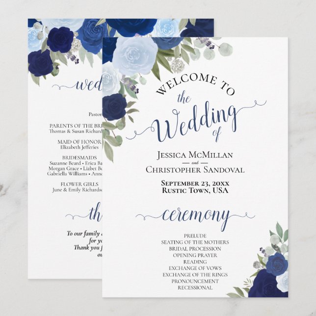 Boho Chic Navy & Dusty Blue Roses Elegant Wedding Programme (Front/Back)