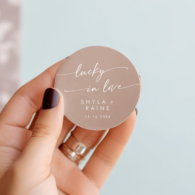 Boho Chic Neutral Taupe Lucky In Love Favour Classic Round Sticker (Boho Chic Neutral Taupe Lucky In Love Favor Classic Round Sticker)