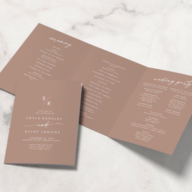 Boho Chic Neutral Taupe Monogram Wedding Tri-Fold Programme (Creator Uploaded)