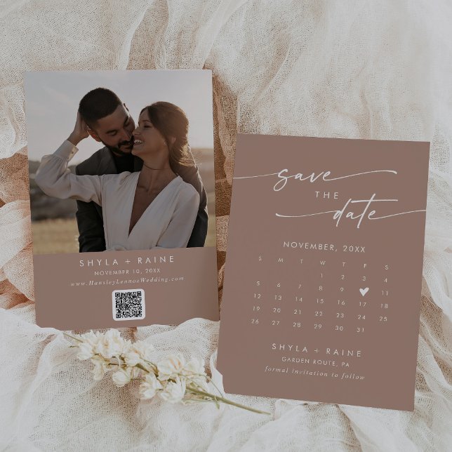 Boho Chic Neutral Taupe QR Code Photo Calendar Save The Date (Creator Uploaded)