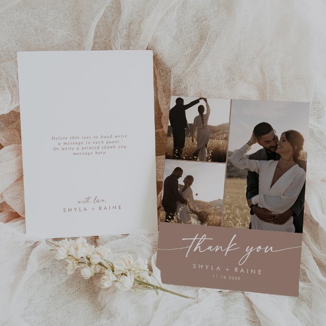 Boho Chic Neutral Taupe Wedding Photo Collage Thank You Card (Creator Uploaded)