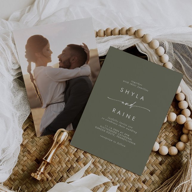 Boho Chic Olive Green Casual Photo Wedding Invitation (Creator Uploaded)