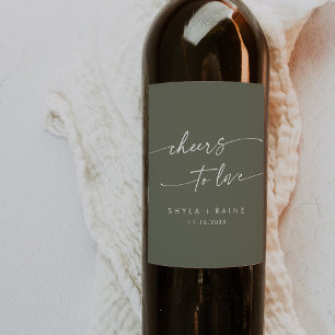 Boho Chic Olive Green Cheers to Love Wedding Wine Label